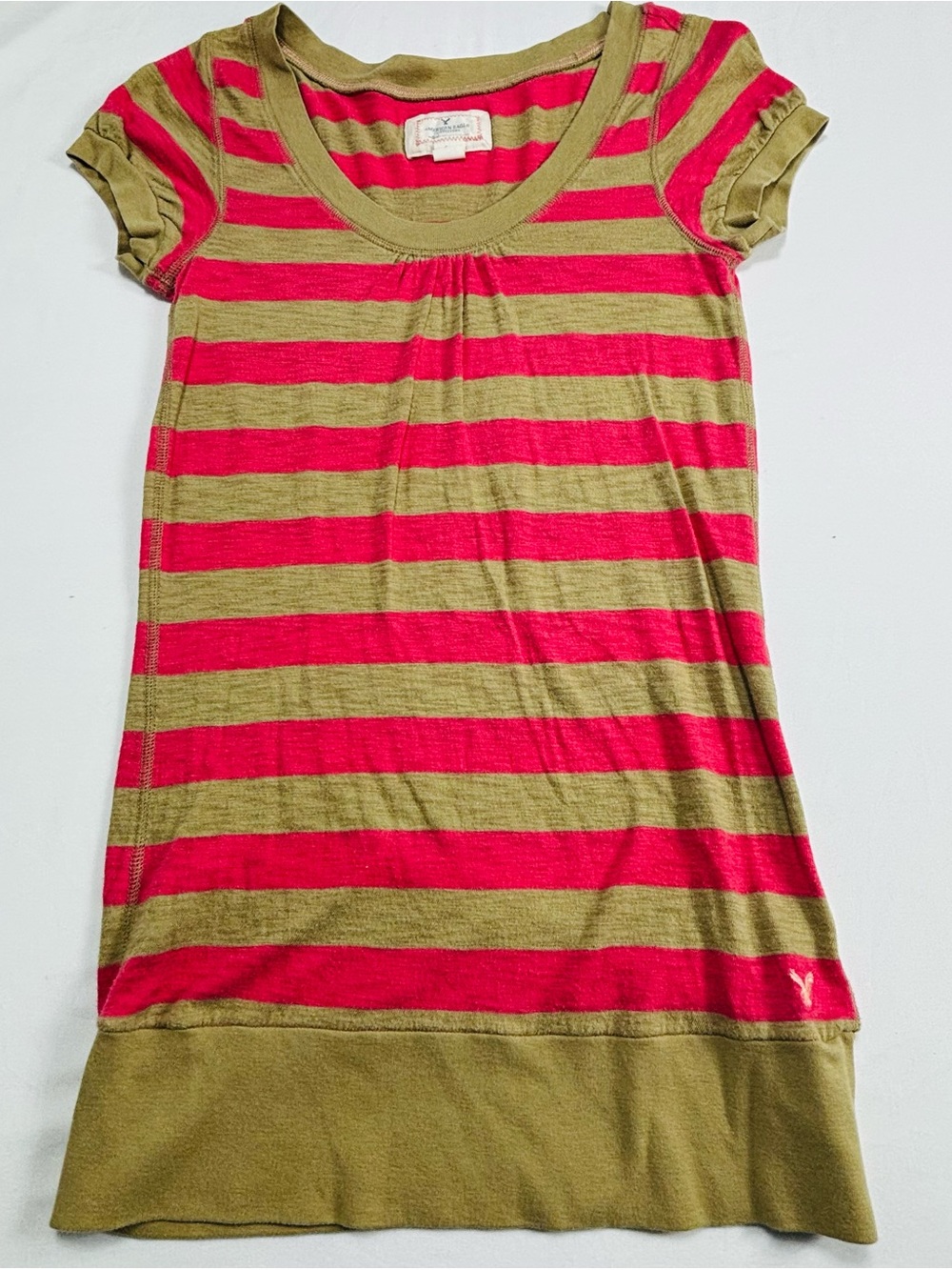 American Eagle Striped Pink and Olive Short Sleeve Tunic W529